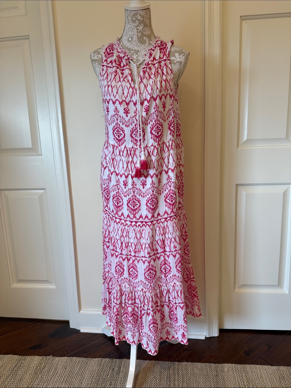 Tommy Bahama Sleeveless Pink Ikat Maxi Dress with Tassel Tie